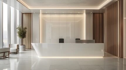 A sleek and modern reception desk with a white glossy surface, set against the backdrop of an elegant office space with neutral tones and natural lighting.
