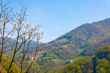 Muggia Valley with Village and Mountain in a Sunny Day in Ticino, Switzerland