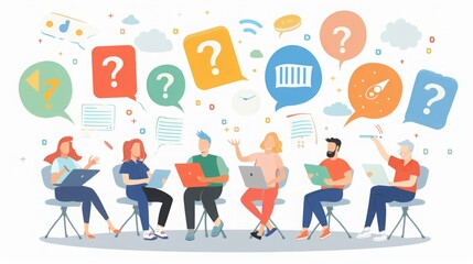 Fototapeta premium Several individuals are sitting around a table, each with a question bubble floating above their heads. They appear engaged in a discussion or meeting.