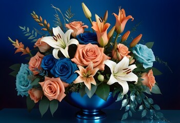 Fototapeta premium Creative layout bouquet made of various realistic flowers including rose lilly and other flowers with matellic colours with transparent royal background