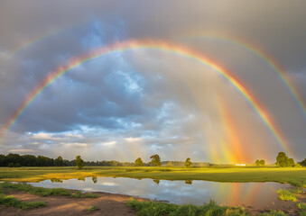 A rainbow glows in the sky after the rain. Amazing natural phenomenon backgrounds for everyone.