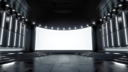 A modern, empty auditorium with a large, curved screen and sleek, futuristic lighting along the side walls and ceiling, creating a high-tech environment.