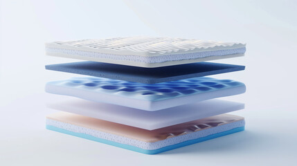 A cross-section of a multi-layered mattress showcasing various foam and gel layers designed for comfort and support. The layers are suspended in mid-air for a detailed view.