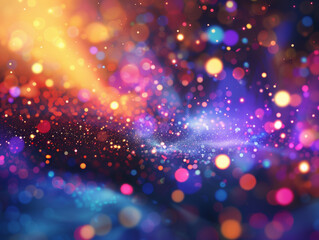 A vibrant, abstract display of multicolored bokeh lights against a dark background, creating a dreamy, festive atmosphere with a gradient blend of purple, blue, orange, and pink hues.