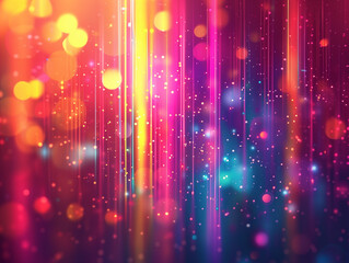 abstract image featuring vertical lines of light in rich shades of pink, orange, and blue. The background is filled with bokeh and sparkles, creating a dynamic