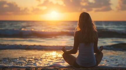 A woman sitting cross-legged on the beach, meditating as the sun sets in the background.