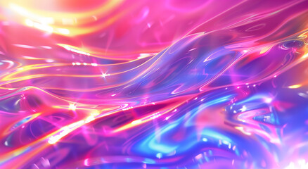 A vibrant, abstract image with fluid, glossy waves in shades of pink, blue, yellow, and purple. The composition is filled with luminous highlights and reflections, creating a sense of motion