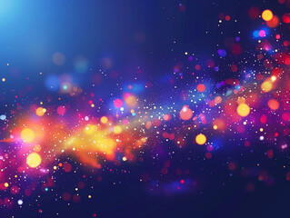 A vibrant, abstract depiction of a cosmic scene with multicolored bokeh and sparkles against a deep blue background. The image evokes a sense of space, energy, and celebration