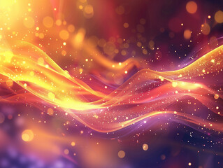 A vibrant abstract composition with swirling waves of golden, orange, and purple hues, illuminated by scattered light particles and bokeh effects, creating a dynamic and ethereal atmosphere.