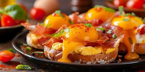 Elegant Egg Benedict Plate Design Element for Packaging. Concept Food Presentation, Breakfast Photography, Stylish Packaging Design, Detailed Food Styling, Gourmet Meal Aesthetics