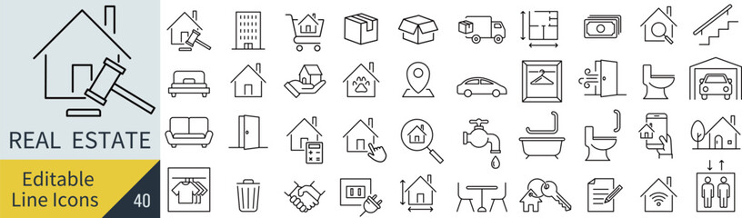 線の編集ができるベクターの不動産のアイコンセット（アウトライン化していない）