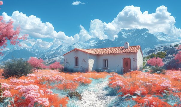 A Cottage within a Serene Transcendent Valley, Pastel Spanish Blue-sky and Pastel Urobilin, Pastel Colors