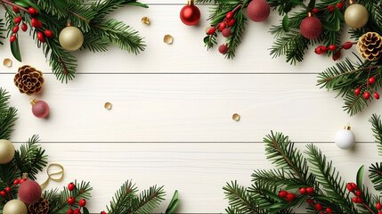Festive Christmas background with pine branches, red berries, pine cones, and colorful baubles arranged on a white wooden surface, leaving a central space for text or design.