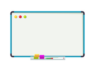 Empty whiteboard. Clean office board with markers and color magnets isolated cartoon vector illustration