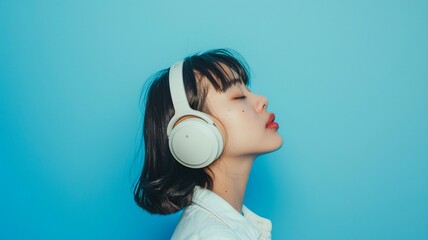Fashion photo of an Asian woman experiencing music through headphones