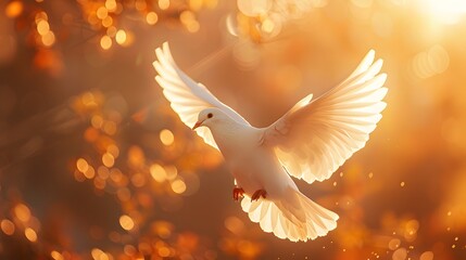 A white dove flaps its wings in the air, radiating warm light and symbolizing peace and freedom.
