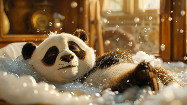 A giant panda lounging lazily in a bathtub filled with bubbles, looking content and relaxed, with a serene bathroom background