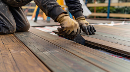 wpc terrace construction - worker installing wood plastic composite decking boards