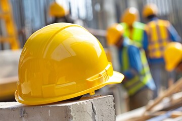 Workers in background, yellow hard hat on construction site. Safety measures.