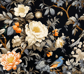 Blooming flower pattern with birds, seamless background, solid background.