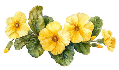 Watercolor illustration of vibrant yellow hibiscus flowers with green leaves, detailed petals, and natural botanical elements