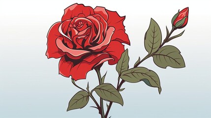 Fototapeta premium A beautiful red rose in full bloom with a closed bud on a long green stem with thorns and green leaves.