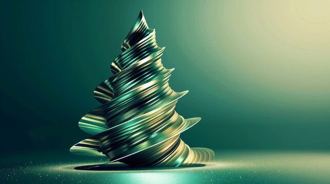 A digitally rendered abstract Christmas tree with swirling, metallic green patterns, set against a dark green gradient background with a glowing light source.