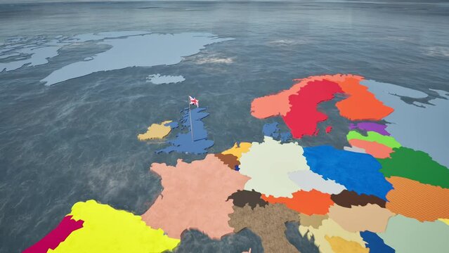Modellazione 3D e video di mappa Terra con  bandiera Regno Unito al vento