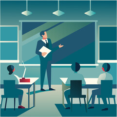 Obraz premium An illustration showcasing a teacher interacting with students in a modern classroom setting