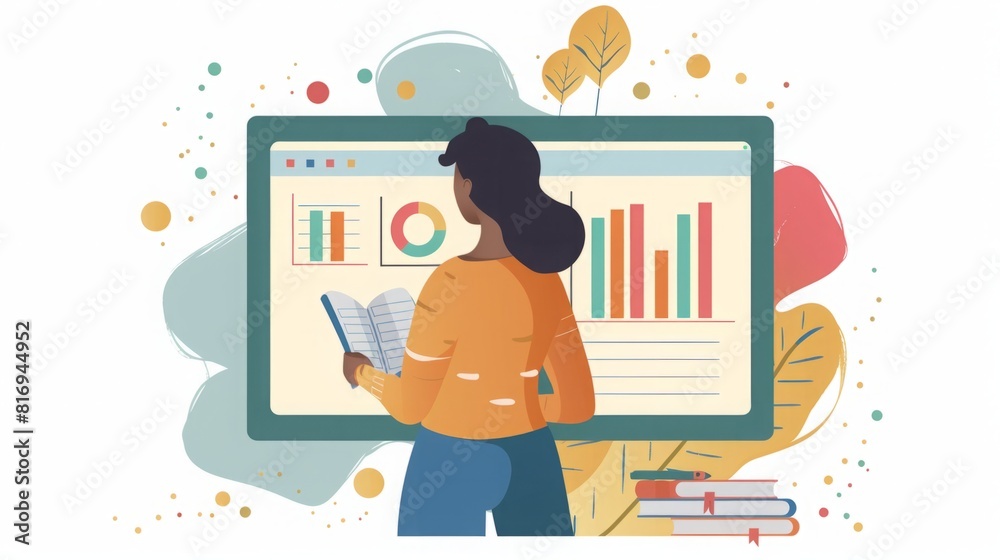 Poster a woman sits in front of a computer screen displaying various graphs, analyzing data and information
