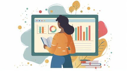 A woman sits in front of a computer screen displaying various graphs, analyzing data and information.