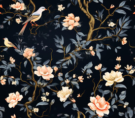 Blooming flower pattern with birds, seamless background, solid background.
