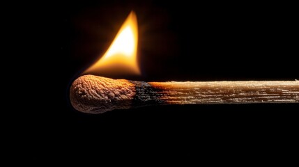 Intense close-up of a newly lit matchstick, flame flickering at its tip, highlighting the initial burst of fire, isolated background