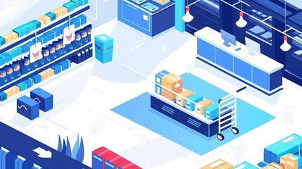 Naklejka premium isometric grocery store interior, shelves stocked with products, cash register, shopping cart full of groceries, blue and white color scheme