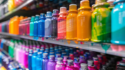A shelf of colorful bottles of paint