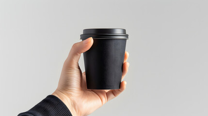 Minimalist close-up image of a hand holding a black paper coffee cup, set against a white background. The studio lighting and high-resolution capture highlight the professional and sleek design of