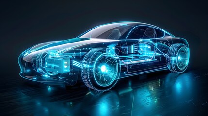 An electric car with an illuminated transparent blue body, showing the internal structure of its power system and battery in detail.
