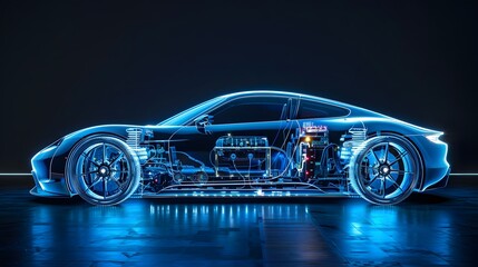 An electric car with an illuminated transparent blue body, showing the internal structure of its power system and battery in detail.

