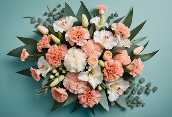 Creative layout bouquet made of various realistic flowers including rose lilly and other flowers with matellic colours with transparent luxrious background