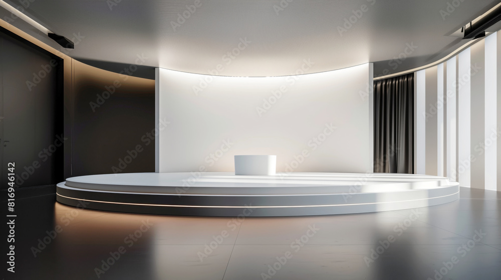 Canvas Prints Minimalistic empty stage with round white podium and curved wall in a modern interior space with ambient lighting and dark curtains.