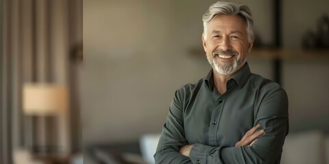 Joyful senior man with gray hair smiling while standing with arms crossed. Concept Portrait Photography, Senior Citizens, Happiness, Smiling, Confidence