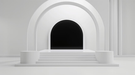 Fototapeta premium Minimalist white architectural set design with arches, steps leading to a black backdrop, and cylindrical podiums. Ideal for showcasing products or conceptual presentations.
