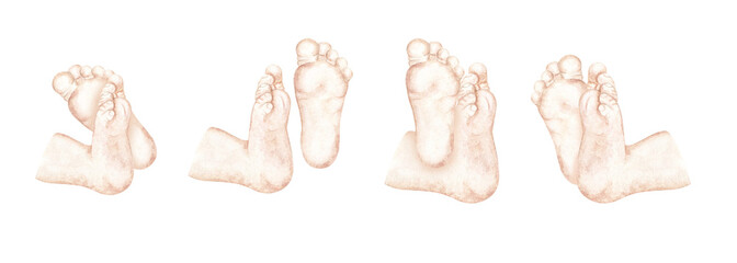 Baby heels for newborns, bottom view of cute feet. Tiny chubby heels with cute little toes. Different leg poses. Realistic skin colors. Watercolor illustration on isolated white background. Baby