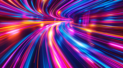 Fototapeta premium Abstract image of colorful light trails creating a sense of speed, motion, and dynamism, with vivid blue, pink, and yellow hues on a dark background.