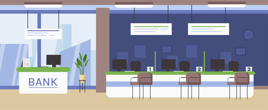 Bank office interior. Customer service counter at bank lobby, banking workplace flat vector background illustration