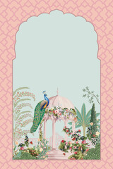 Mughal garden with peacock, rose, flower, palace, dome, arch, tree illustration for wedding invitation
