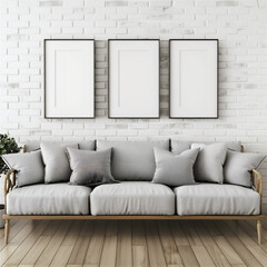 Mock Up three white Poster Frames on the white brick wall in minimalist interior living room with white couch, luxury interior, 3d interior illustration.