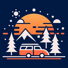 A stylized illustration capturing the spirit of adventure with a white van ready for a road trip