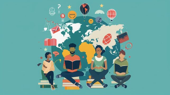 Several individuals sitting together around a globe, engrossed in reading various books.