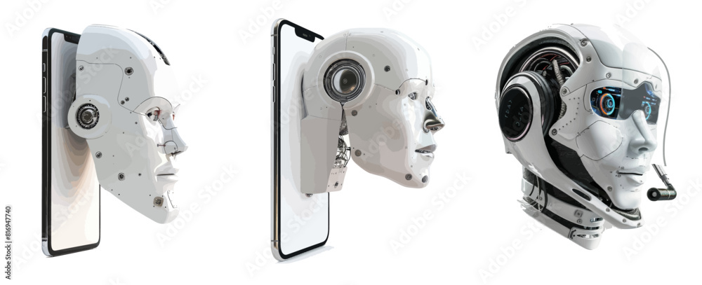 Fototapete AI chatbot depicted as a robot head floating above a phone screen. The mobile AI chatbot communicates with users via messenger. 